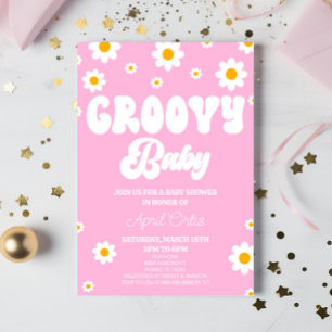 Pink Retro Daisy Flower Groovy Baby Baby Shower Invitation