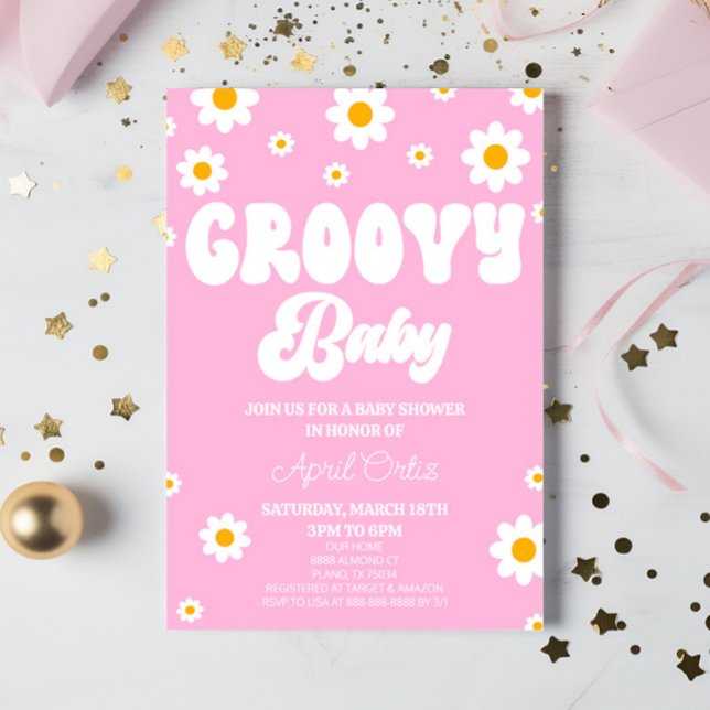 Pink Retro Daisy Flower Groovy Baby Baby Shower Invitation (Creator Uploaded)