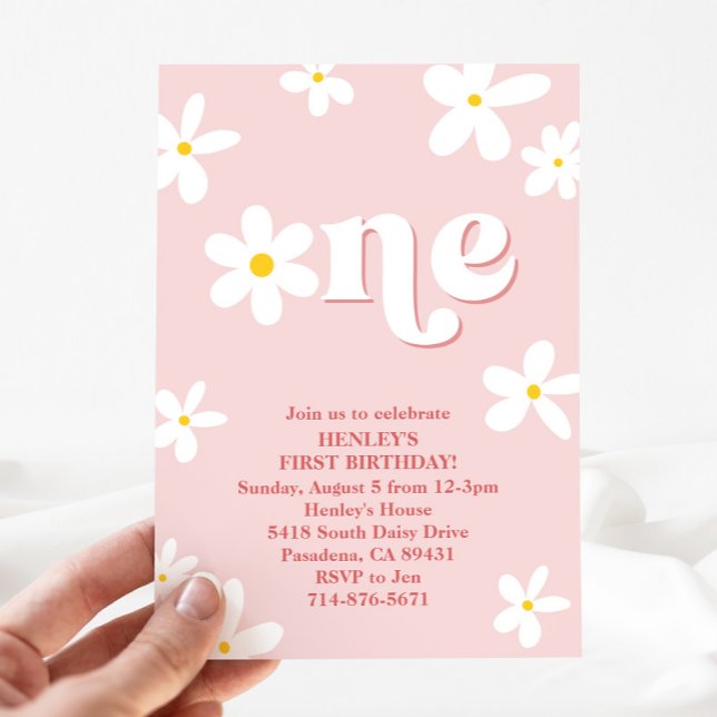 Pink Retro Daisy One 1st Birthday Girl Invitation (Creator Uploaded)
