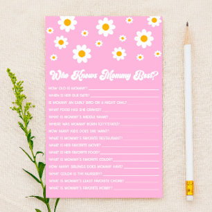 Pink Retro Daisy Who Knows Mummy Baby Shower Game Stationery