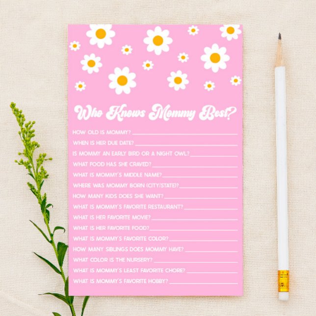 Pink Retro Daisy Who Knows Mummy Baby Shower Game Stationery (Creator Uploaded)