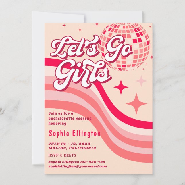 Pink Retro Disco 70's Bachelorette Weekend Invitation (Front)