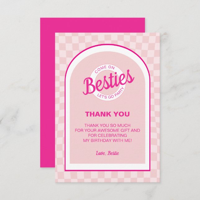 Pink Retro Doll Lets Go Party Birthday  Thank You Card (Front/Back)