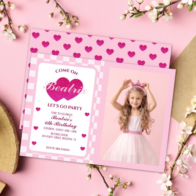 Pink Retro Doll Photo Birthday Invitation (Pink Retro Doll Birthday Invitation)