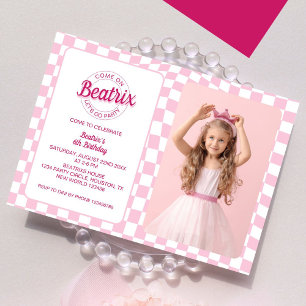 Pink Retro Doll Photo Birthday Invitation