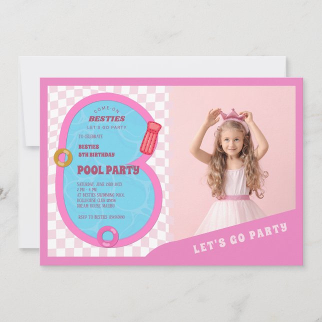 Pink Retro Doll Pool Birthday Photo Party  Invitation (Front)