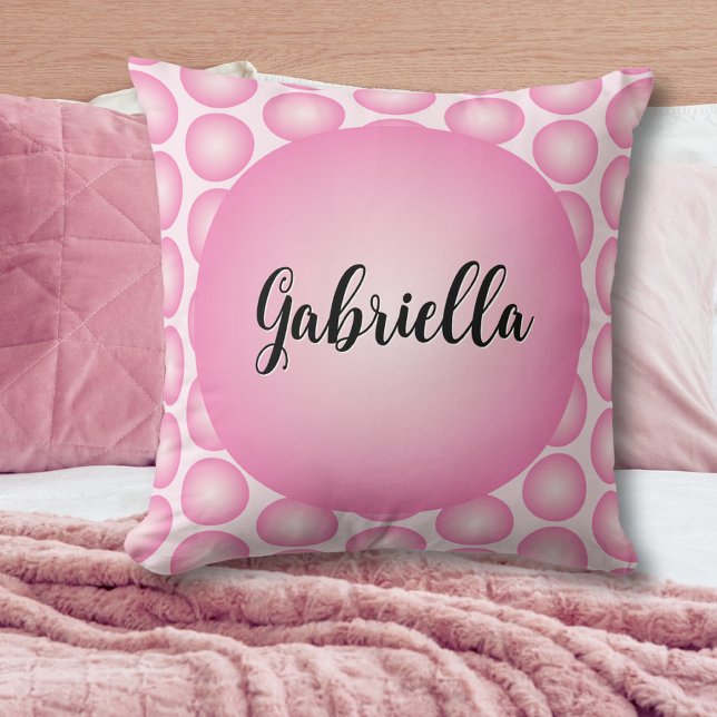 Pink Retro Dot Name Script Typography Throw Pillow (Pink retro girly bubble style polka dot pillow, with script name typography.)