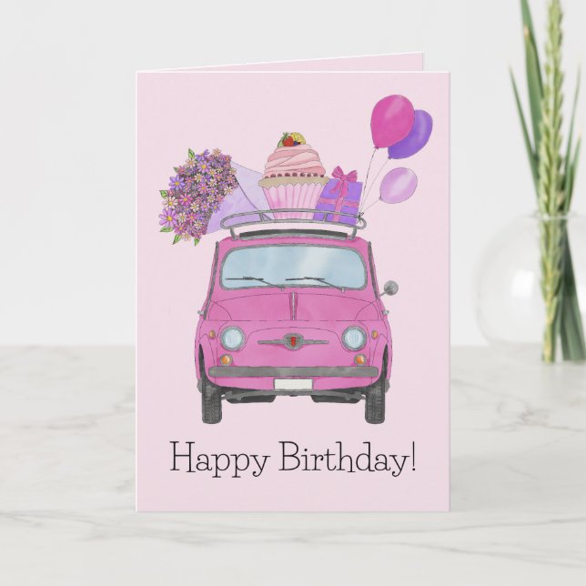 Pink Retro Fiat 500 Birthday Card (Front)