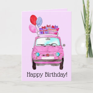 Pink Retro Fiat 500 Birthday Card