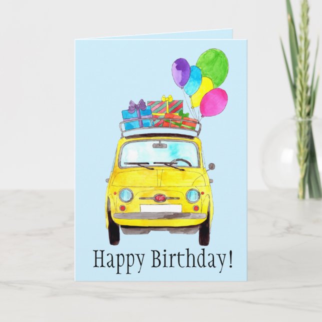 Pink Retro Fiat 500 Birthday Card (Front)