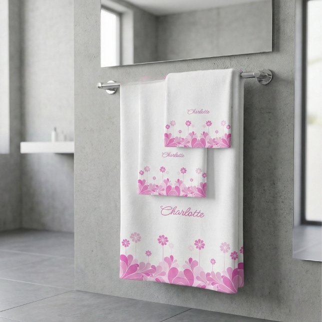 Pink Retro Floral Bloom Bath Towel Set (Creator Uploaded)