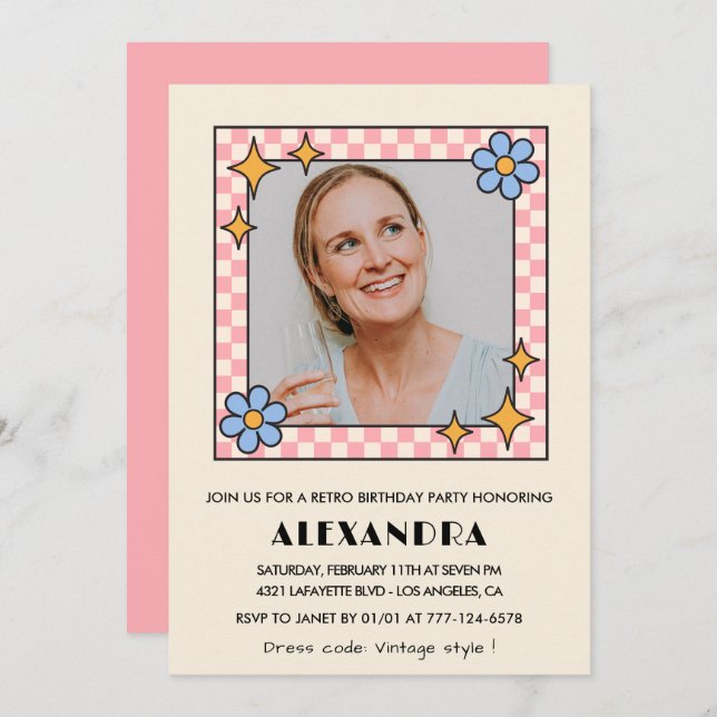Pink Retro Floral Photo 48th birthday invitation  (Front/Back)