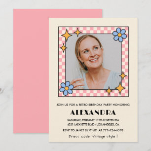 Pink Retro Floral Photo 53rd birthday invitation 