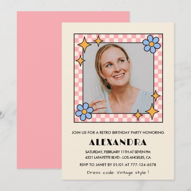 Pink Retro Floral Photo 64th birthday invitation  (Front/Back)