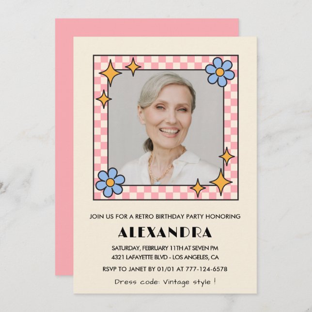 Pink Retro Floral Photo 88th birthday invitation  (Front/Back)