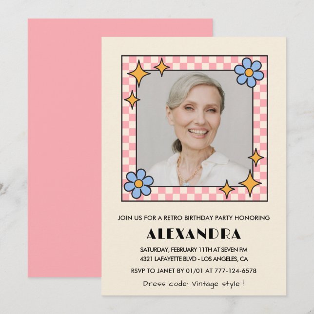 Pink Retro Floral Photo 89th birthday invitation  (Front/Back)