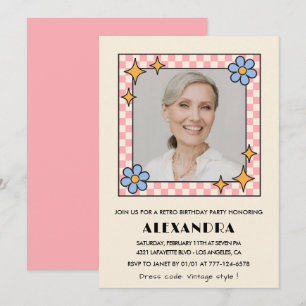 Pink Retro Floral Photo 89th birthday invitation