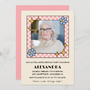 Pink Retro Floral Photo 96th birthday invitation 