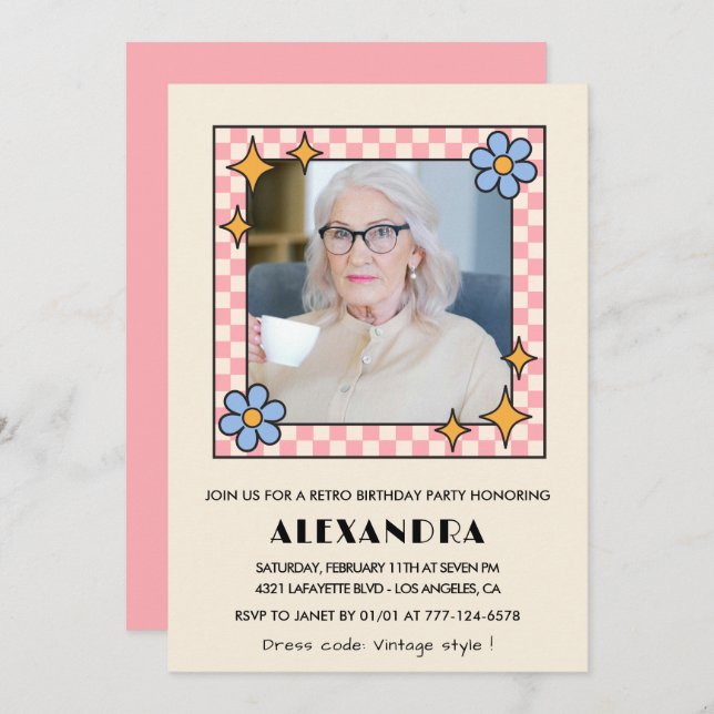 Pink Retro Floral Photo 98th birthday invitation  (Front/Back)