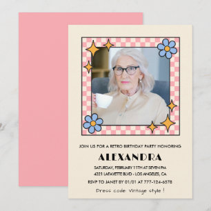 Pink Retro Floral Photo 98th birthday invitation 