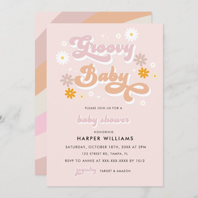 Pink Retro Groovy Baby Shower  Invitation (Front/Back)