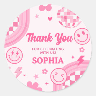 Pink Retro Groovy Birthday Party Classic Round Sticker