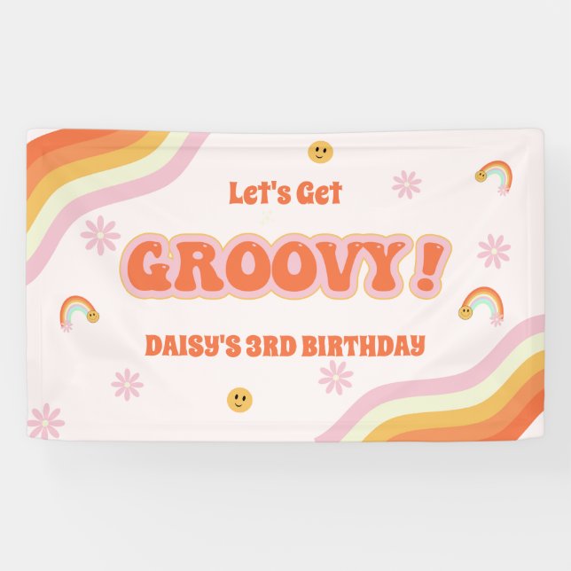 Pink Retro Groovy Hippie Birthday  Banner (Horizontal)