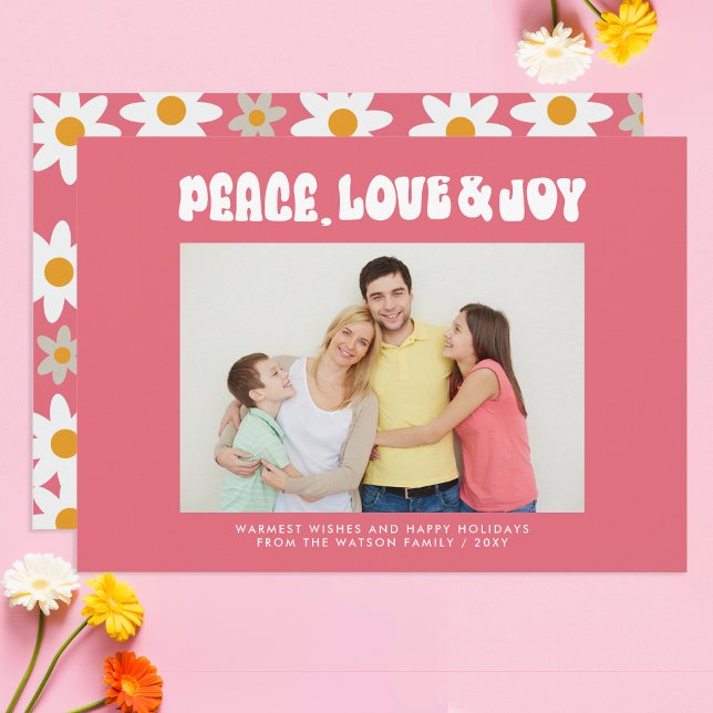 Pink Retro Groovy Peace Love Joy Photo Holiday Card (Pink Retro Groovy Peace Love Joy Photo Holiday Card)