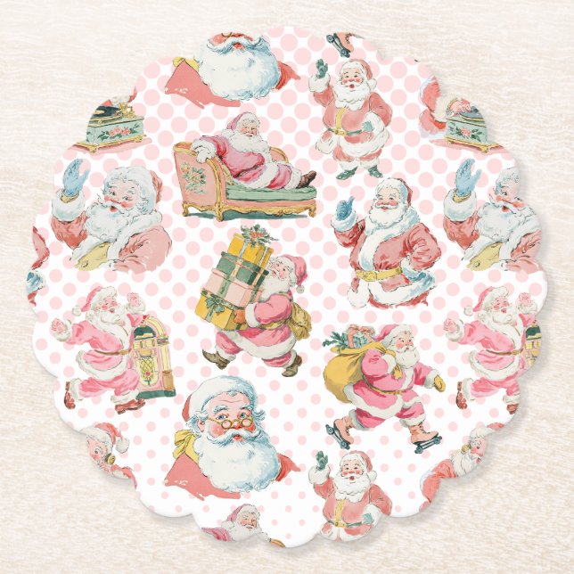 Pink Retro Groovy Santa Claus Christmas Paper Coaster (Front)