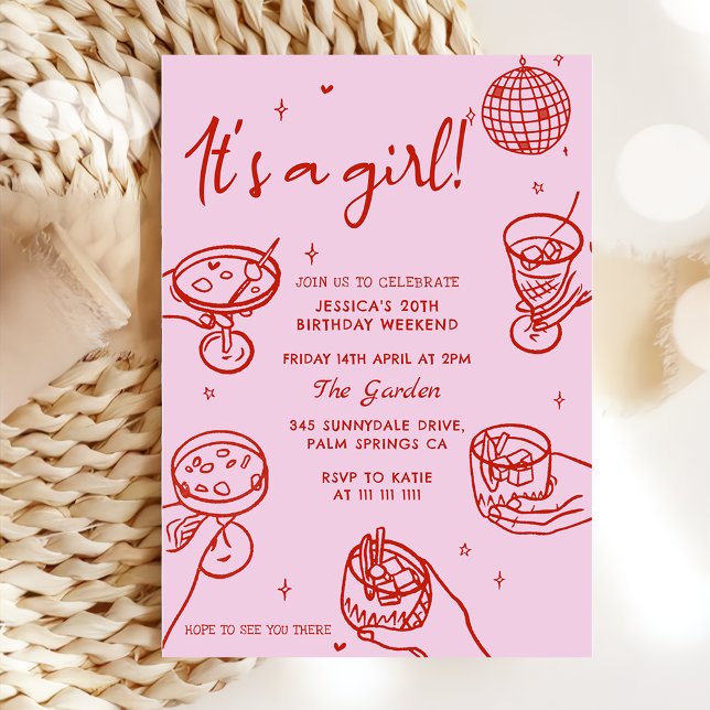 Pink Retro Hand Drawn Baby Shower Invitation (Creator Uploaded)