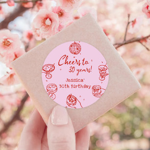 Pink Retro Hand drawn Funky Cocktail Birthday Classic Round Sticker