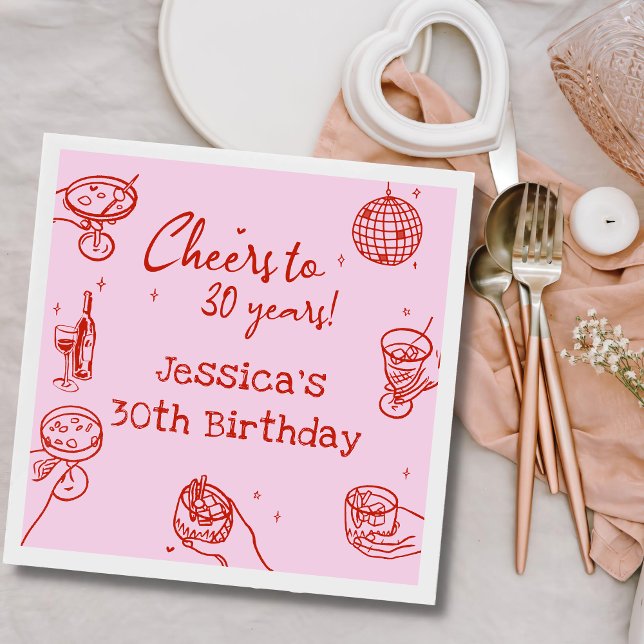 Pink Retro Hand drawn Funky Cocktail Birthday Napkin (Creator Uploaded)