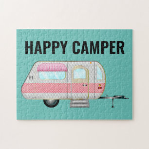 PINK RETRO HAPPY CAMPER JIGSAW PUZZLE