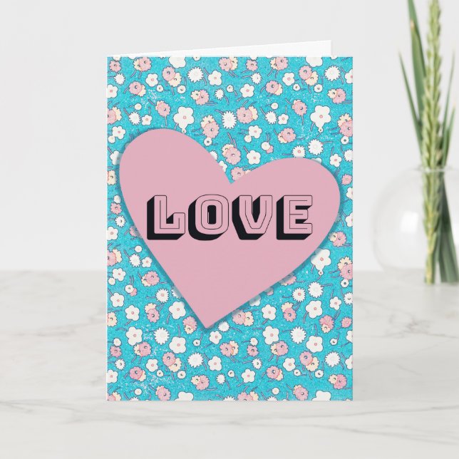 Pink Retro Heart and Florals Valentine's Card (Front)
