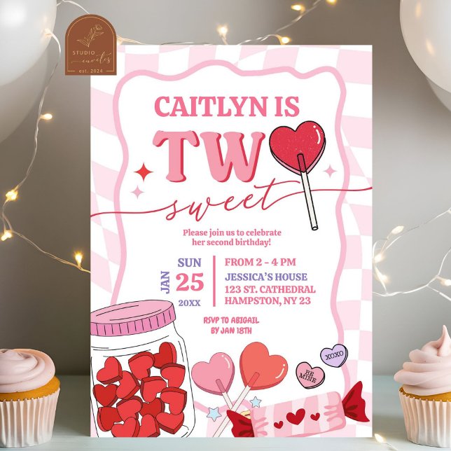 Pink Retro Heart Candy Two Sweet Birthday Invitation (Creator Uploaded)