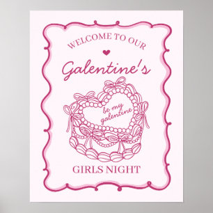 Pink Retro Heart Coquette Cake Galentines Welcome Poster