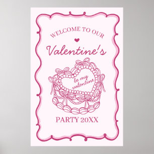 Pink Retro Heart Coquette Cake Valentine Welcome Poster