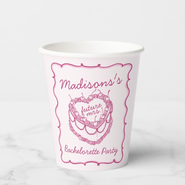 Pink Retro Heart Coquette Cherry Cake Bachelorette Paper Cups (Front)