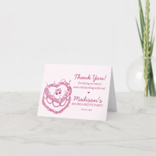 Pink Retro Heart Coquette Cherry Cake Bachelorette Thank You Card