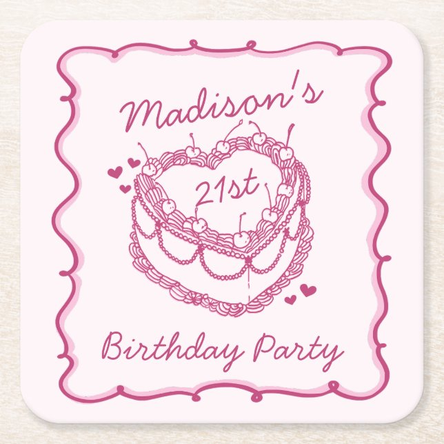Pink Retro Heart Coquette Cherry Cake Birthday Square Paper Coaster (Front)