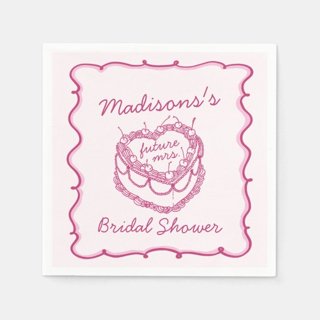 Pink Retro Heart Coquette Cherry Cake Bridal Showe Napkin (Front)