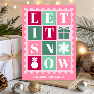 Pink Retro Let It Snow Christmas Postage Stamp Holiday Card
