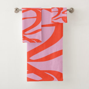 Pink Retro Lines Modern Abstract Brush Shapes Bath Towel Set