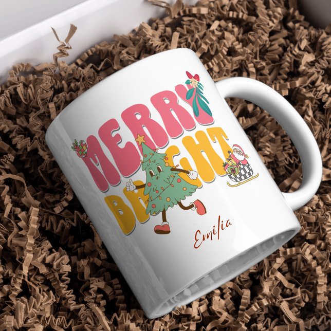 Pink Retro Merry Bright Custom Name Christmas Tree Mug (Creator Uploaded)