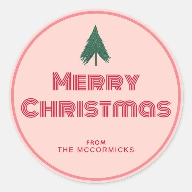 Pink Retro Merry Christmas Personalised Classic Round Sticker (Front)