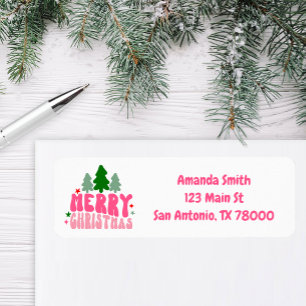 Pink Retro Merry Christmas Return Address Label