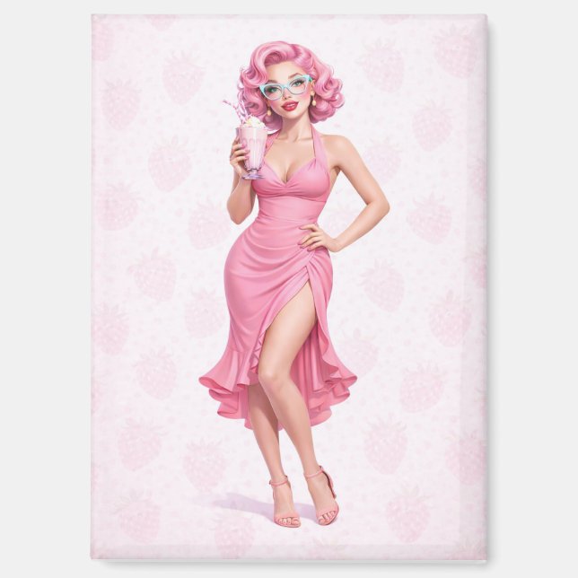 Pink Retro Milkshake Pin-Up Girl Strawberry Magnet (Front)