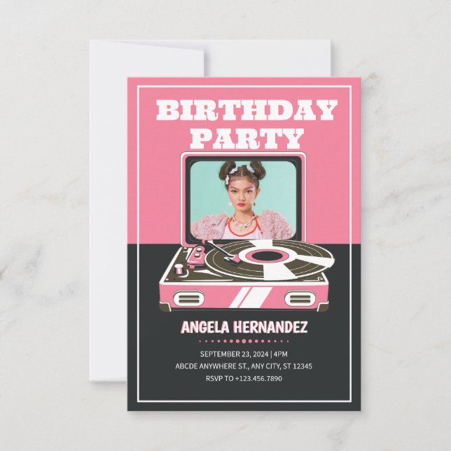 Pink retro music  invitation (Front)