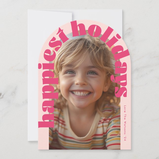 Pink Retro One Photo Modern Arch Christmas Card (Front)