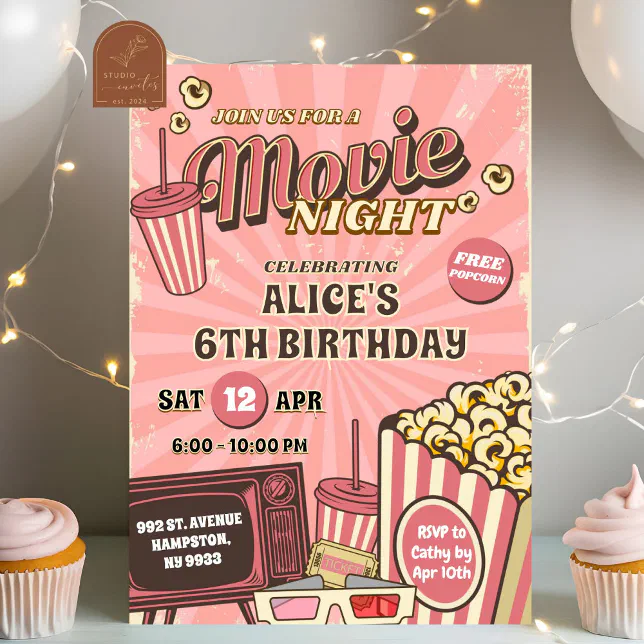 Pink Retro Outdoor Movie Night Birthday Girl Invitation | Zazzle